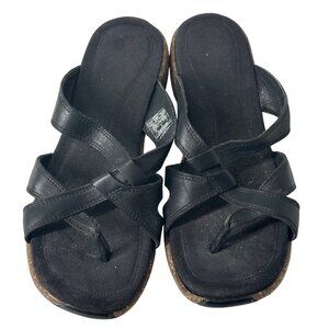 Womens Merrell Black Leather Strappy Cork Sandals Slip-On Size 9M Comfortable Ca